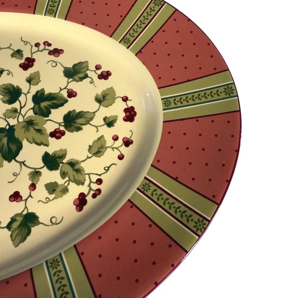 Waverly Garden Room‎ Oval Serving Platter Red Berries Floral Stripe Poland 98